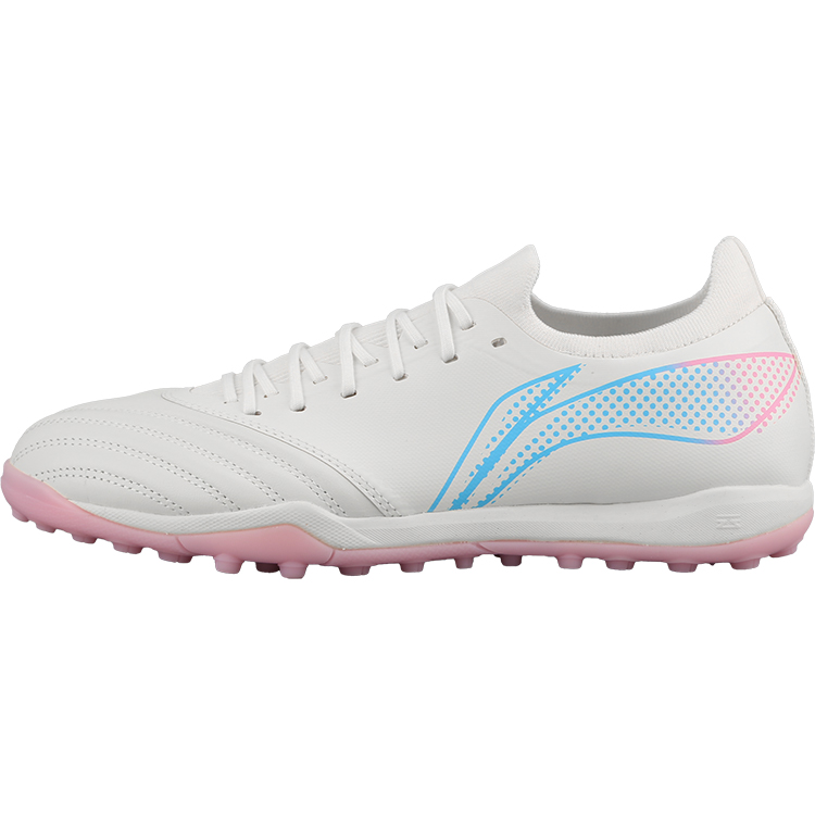 Li Ning TF Turf Firm Ground Cushioning, Wear Resistant Soccer Shoes Men’s White Pink Blue
