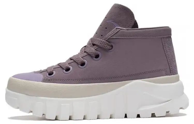 Li Ning LEATHER BOOT Platform Slip Resistant Abrasion Resistant Mid top Casual Shoes Women's Eggplant Skin Purple