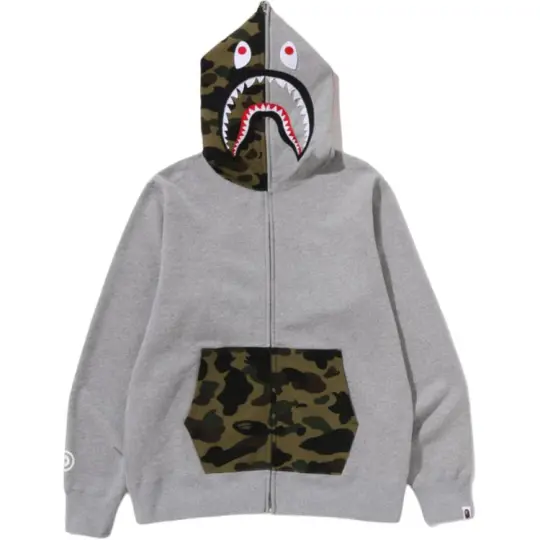 A BATHING APE FW25 полукамуфляжная толстовка с капюшоном и карманами акулы-кенгуру на манжетах и ​​логотипом, ребристые края, мужская толстовка с капюшоном