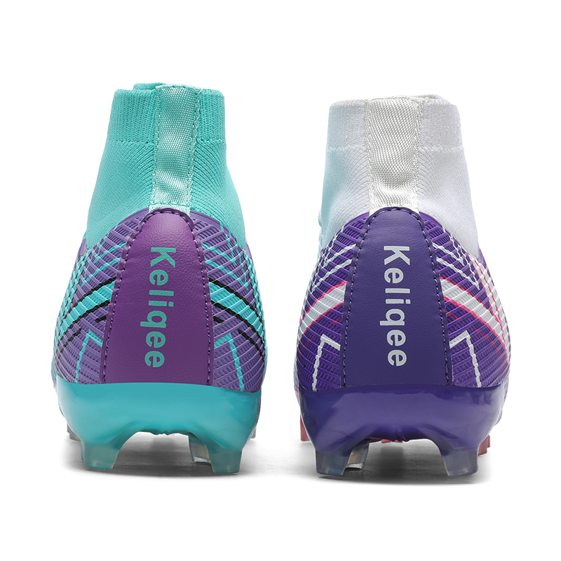 Keliqee FG Firm Ground Natural Grass Slip Resistant Abrasion Resistant Soccer Shoes Unisex White Cyan Mismatched