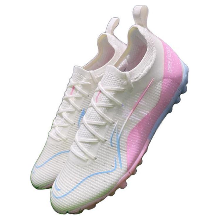 Li Ning Comfortable TF Turf Synthetic Leather Wear resistant And Lightweight Soccer Shoes Men’s White Pink