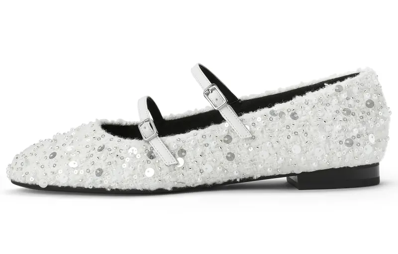 CHARLES&KEITH Small ck fabric sequin flat pumps flat heel Mary Jane shoes 1.5cm female White