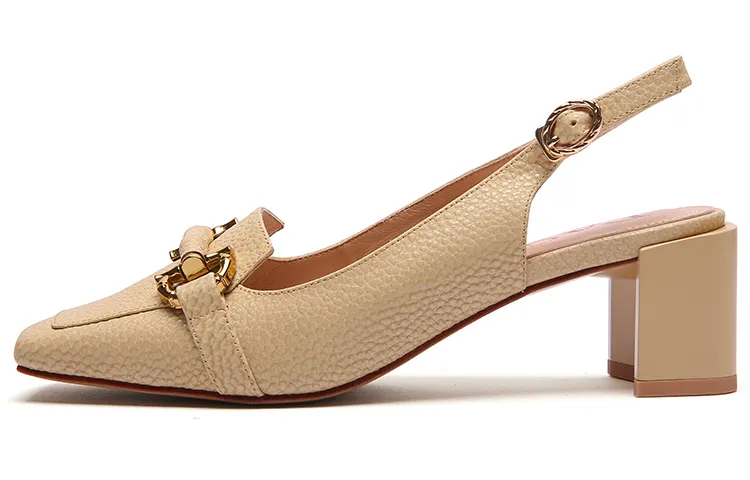 PACO GIL Cow Leather Block Heel High Heels 5.5cm Women's Apricot