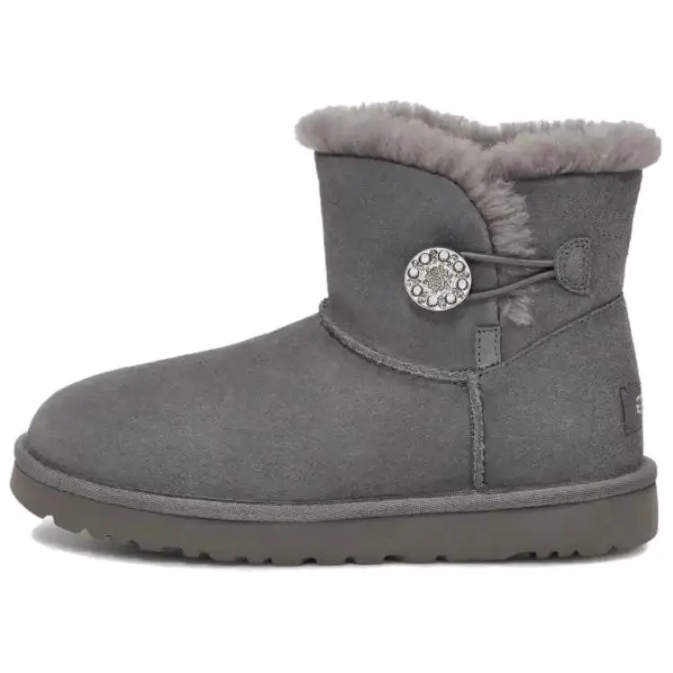 UGG MINI BAILEY BUTTON CRYSTALS Cow Split Leather Thermal Comfortable Short Snow Boots Women's Charcoal Gray