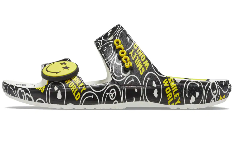 Smiley X Crocs Classic Smiley Face Joint Model Outdoor Flat Heel Sports Slippers Black and Yellow