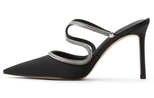 CHARLES&KEITH Small Ck Pu Closed Toe Slippers 9.1cm Women's BLACK TEXTURED/Silver/Gold