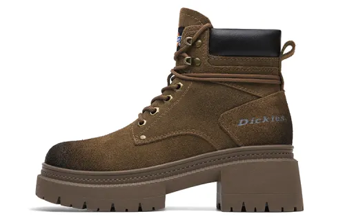 Dickies British Style Comfortable Versatile Cow Split Leather Short Combat Boots Women's Dark Brown