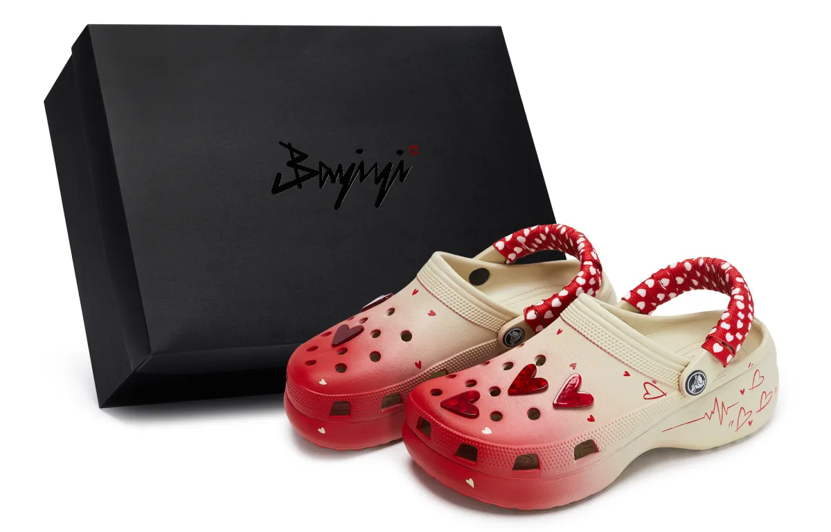 Crocs Classic Platform Clog 811 Manufacturing, Velvet Heart, Special Shoe Box Clogs Women's Bone White Red