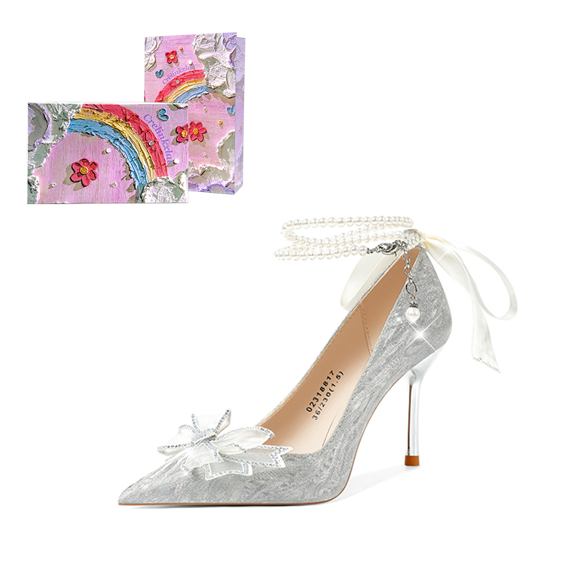 Crelinkxlat Pearl Bow Chain, French, Fairy Soft Height Increasing Pu Slim Heel High Heels Women's