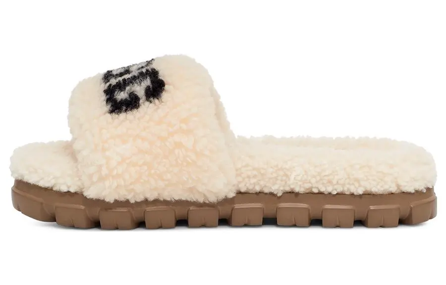 UGG Letter Print Fleece Lined Mules EVA Quiet Slide Slippers Women's Natural White