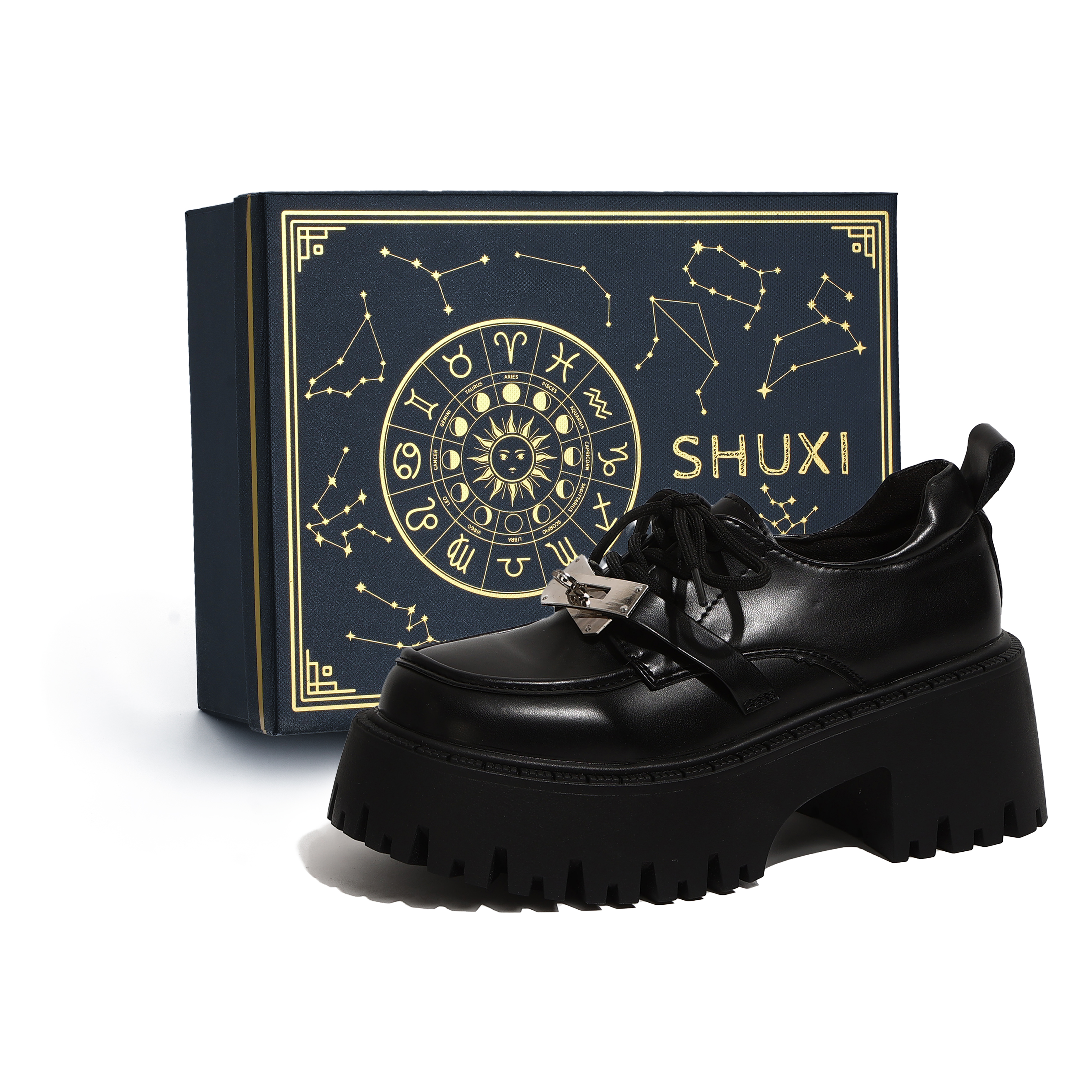 SHUXI Shuxi PU British style small leather shoes, metal lock buckle, comfortable and versatile, thick sole, lace-up, small feet, loafers, 6cm, women's black