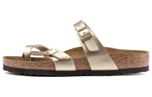 Birkenstock Leather Slide Slippers Unisex Gold Narrow