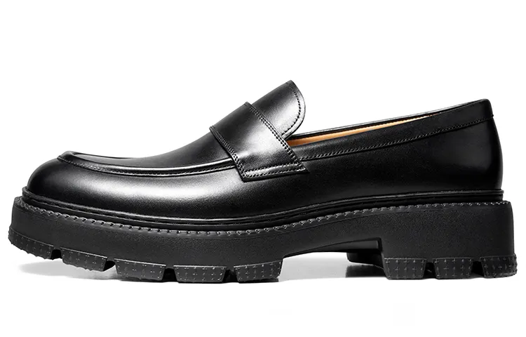 THOM WILLS Calf leather slip-on loafers, thick sole, lightweight and versatile, casual shoes 4cm, men's black