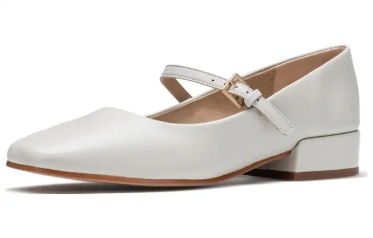 Clarks Leather Minimalist Fashion Chunky Heel Mary Jane Shoes 3cm Women's White