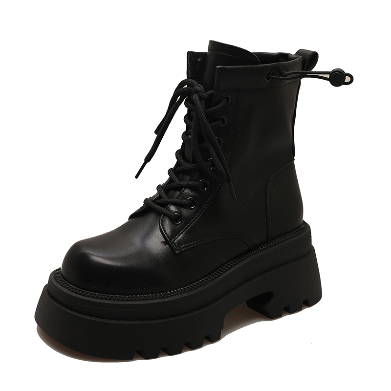 EEueeczs PU velvet, classic and simple, versatile and casual, thick sole for heightening, non-slip and wear-resistant, lightweight for autumn and winter outdoor, slimming for small people, retro, beautiful little British style boots, flat black, short-leg Martin boots, 7cm women's style