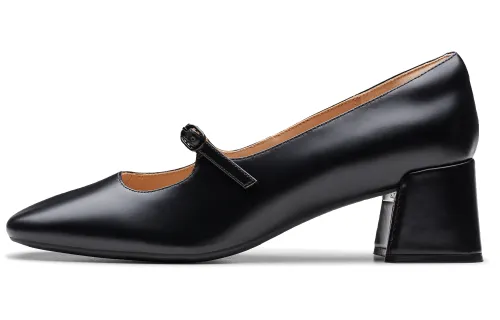 Clarks Cow Leather Chunky Heel Mary Jane Shoes Women's Black