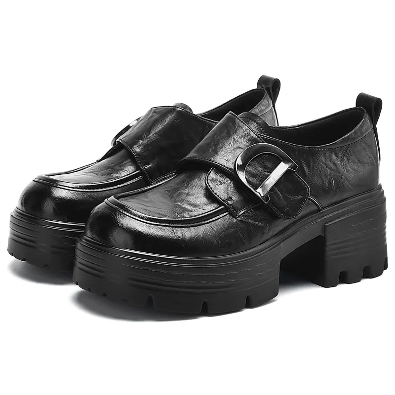 D:FUSE SCANDINAVIA Leather fashionable comfortable universal student pleated skirt, black loafers, genuine leather, simple and elegant design