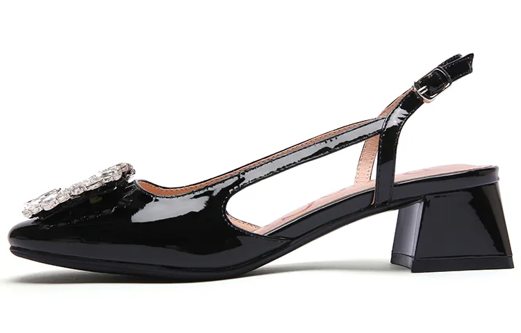 PACO GIL Top Grain Cow Leather Block Heel High Heels 4.0cm Women's Black