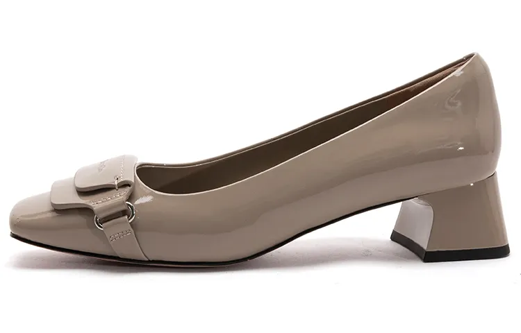 PACO GIL Cow Leather Block Heel High Heels 3.7cm Women's Apricot