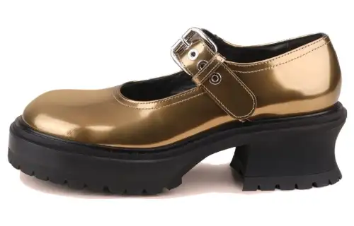 AGL Leather Chunky Heel Mary Jane Shoes Women's Gold