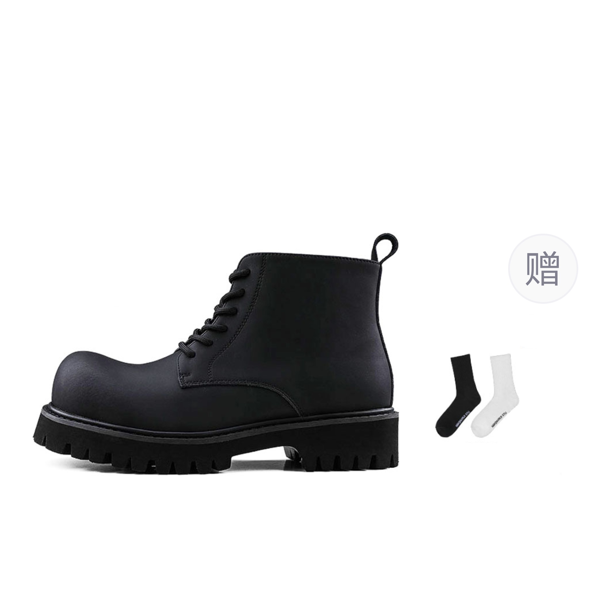 HANQIAORIJI Black Blood Series Big Head Derby, Two-layer Cowhide, Velvet Thick Sole, Short Martin Boots, 4.5cm, Same Style for Men and Women, Black