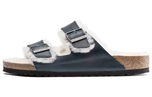 Birkenstock Leather Slide Slippers Unisex Marine Blue Narrow