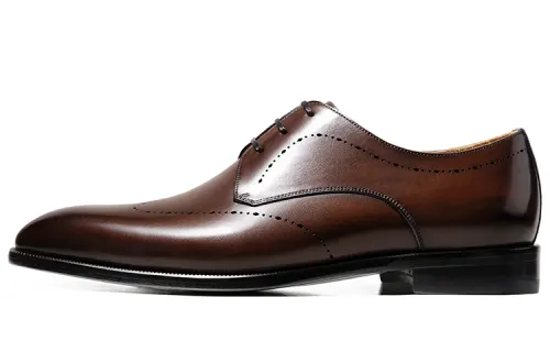 THOM WILLS British style business calfskin derby shoes, breathable and versatile, handmade, formal leather shoes, men's style, dark brown polished color