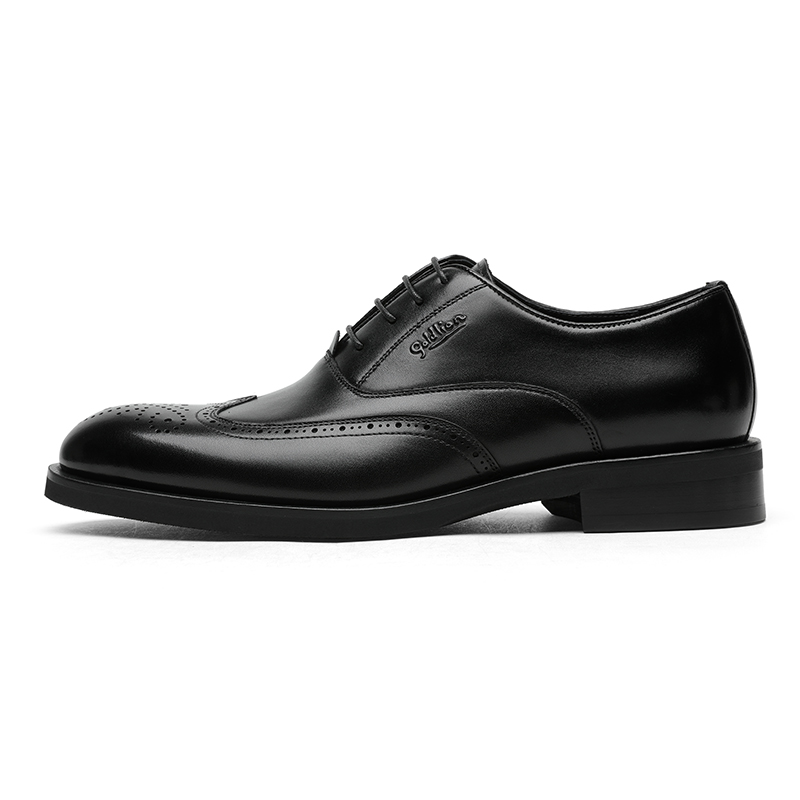 GOLDLION, British Broca round head breathable wedding casual formal leather shoes, men's style