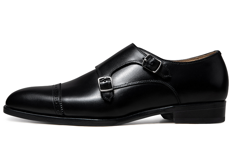 THOM WILLS Versatile calfskin monk shoes for business commuting, fashionable buckle handmade, formal leather shoes, men's black
