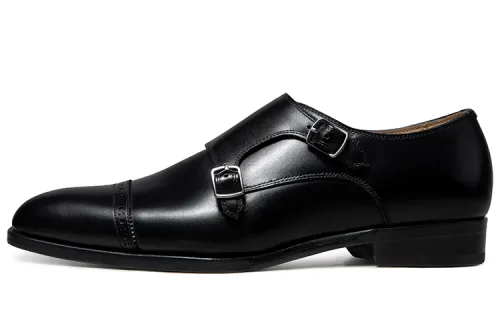 THOM WILLS Versatile calfskin monk shoes for business commuting, fashionable buckle handmade, formal leather shoes, men's black