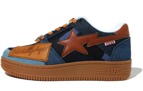 A BATHING APE Patchwork Denim Bape Sta Low top Stylish Skateboarding Shoes Women's Brown Blue