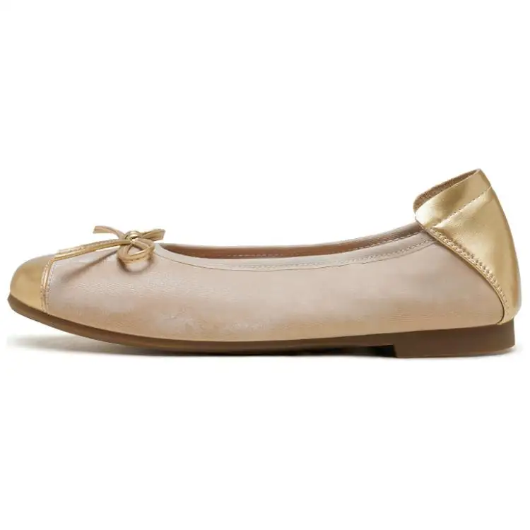 AGSDON PU leather retro and elegant color-blocked toe style egg roll shoes bow ballet slip-on women's casual shoes 1.5cm women's style