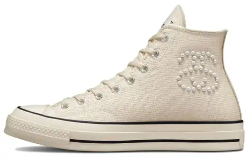 Converse x Stussy 1970s Collaboration Slip Resistant Abrasion Resistant High top Canvas Shoes Unisex Beige