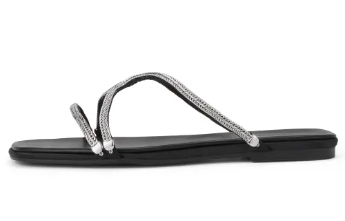 CHARLES&KEITH Small Ck Pu Slide Slippers 0.7cm Women's BLACK TEXTURED Black Textured/Silver