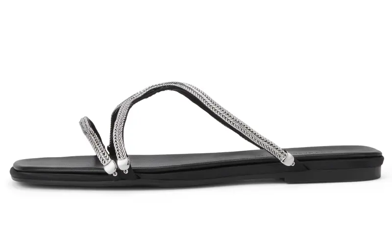 CHARLES&KEITH Small Ck Pu Slide Slippers 0.7cm Women's BLACK TEXTURED Black Textured/Silver