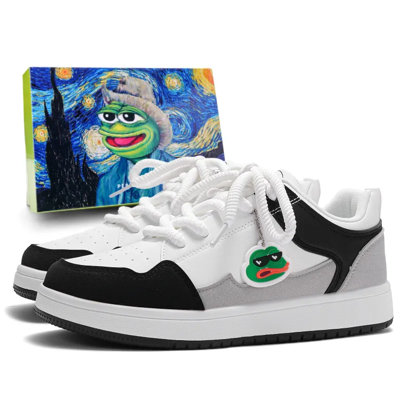 Pepe the Frog (pepe the frog) Street trend fashion classic, comfortable and versatile, thick-soled casual pendant couple's shoes, youthful campus style, elegant commuter white shoes, non-slip, shock-absorbing, wear-resistant, lightweight, breathable and height-increasing, low-cut sneakers, same style for men and women