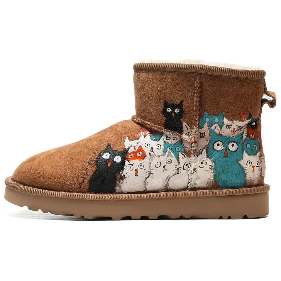 UGG CLASSIC MINI Hand Drawn, Adorable Kitten Collection, Snow Boots Sheepskin Thermal Coverage Short Level 3 Category