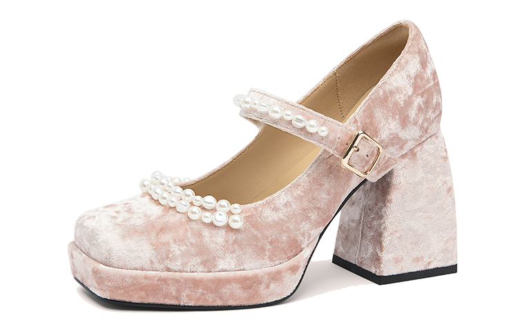 Lily Wei Suede Chunky Heel Mary Jane Shoes 9cm Women's Pink
