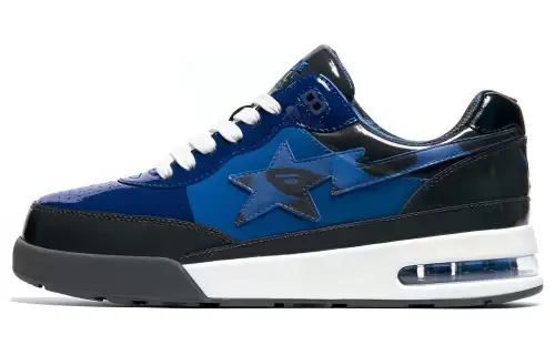 A BATHING APE Bape ROAD STA Patent Leather Low top Stylish Skateboarding Shoes Men's Black Blue