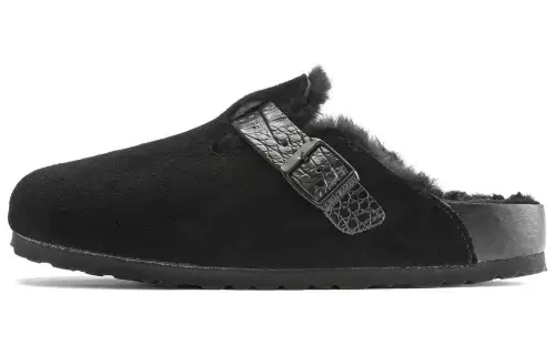Birkenstock Boston Shearling Suede Reptile Embossed Strap Black