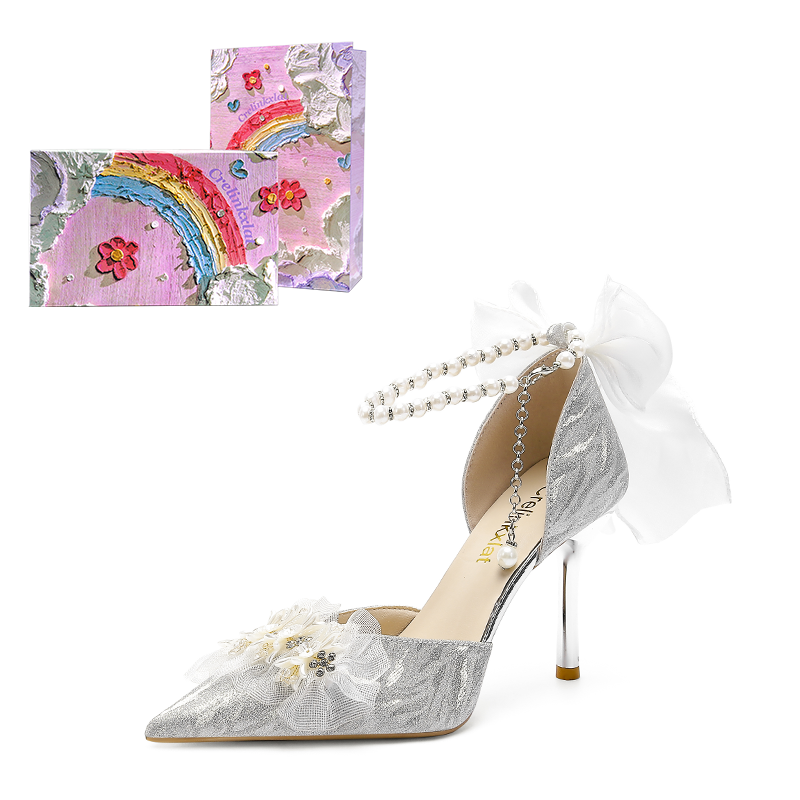 Crelinkxlat Glaze Starlight, Pearl Bowknot, Crystal Shoes Wedding Shoes Pu High Heels Women's