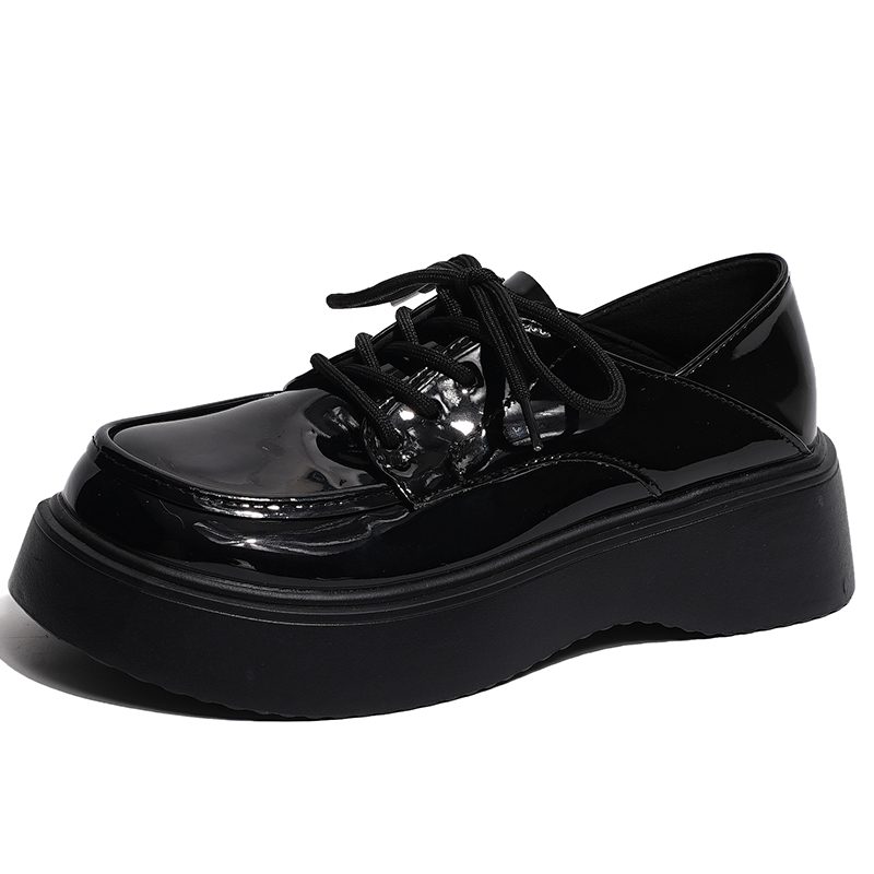 EEueeczs PU versatile commuter height increase fashion trend retro classic thick-soled lace-up Japanese sweet and cool British style with skirt non-slip and wear-resistant college style jk small leather shoes casual shoes 5cm women's black