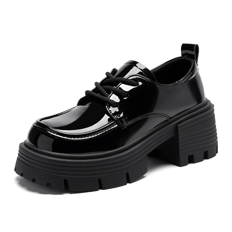 ZHR Zeze PU cool British style comfortable and versatile glossy lace-up for small people thick soles to increase height and slimming small leather shoes casual shoes 7cm women's black