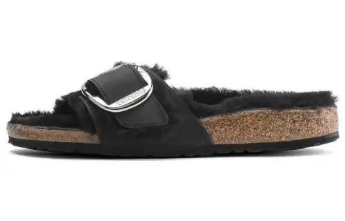 Birkenstock Madrid Big Buckle Shearling Oiled Leather Narrow Fit Sandals 'Black' Women's