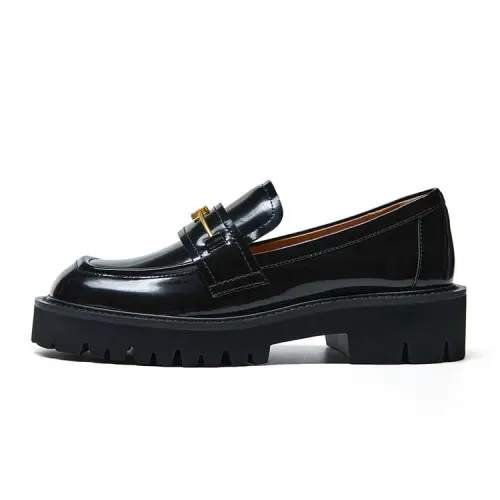Marie Claire Top Grain Cow Leather Loafers 4cm Women's Midnight Paris Black
