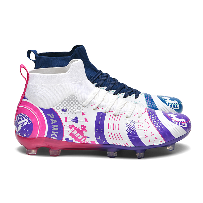 PANKE Soccer Shoes Unisex High Top Mismatched White Dark Blue+White Purple Rose