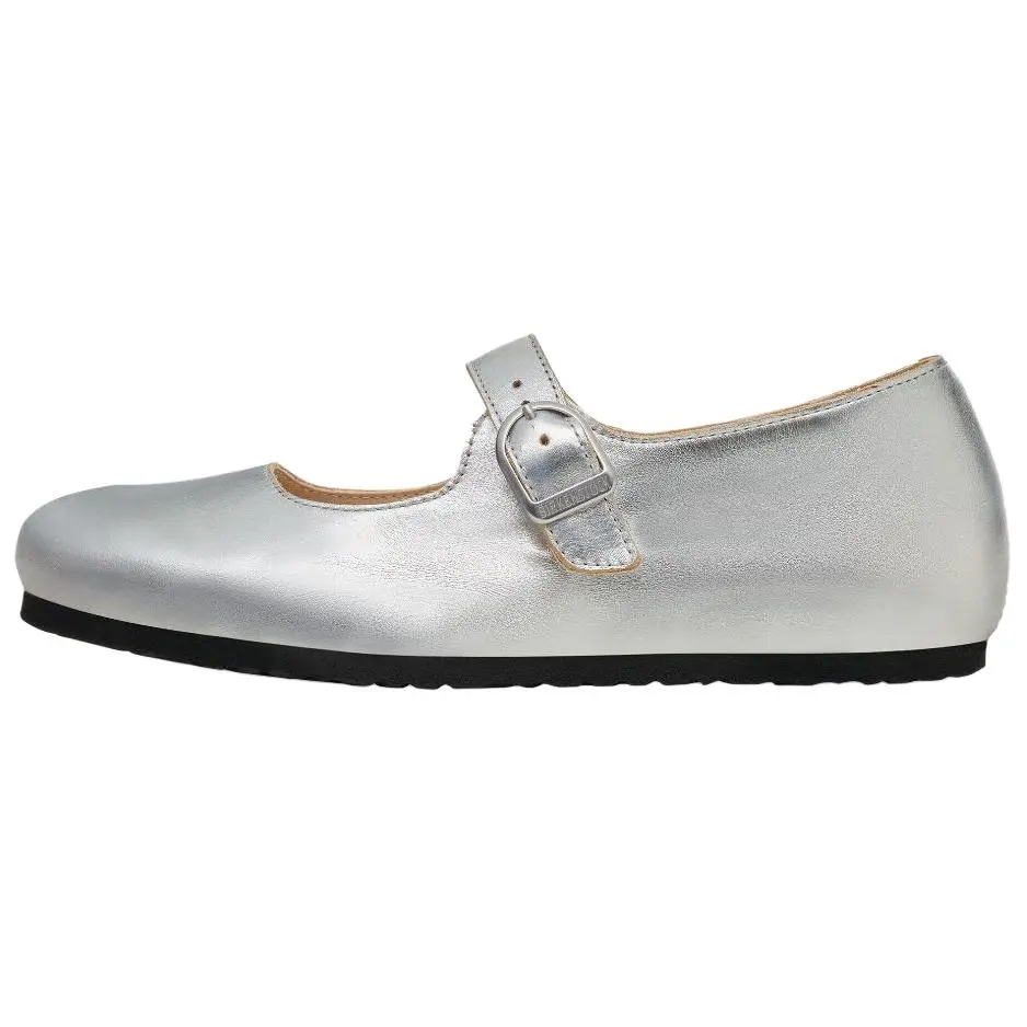Birkenstock Santa Clarita Leather Flat Mary Jane Shoes Women's Silver Narrow