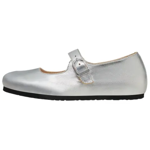 Birkenstock Santa Clarita Leather Flat Mary Jane Shoes Women's Silver Narrow