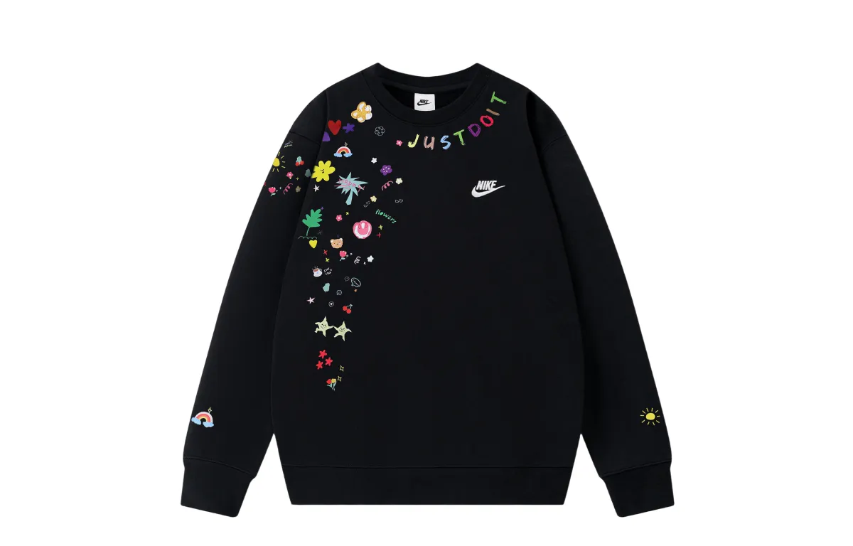 Nike Sweatshirts Unisex Black-Starry Night Graffiti Crew Neck Moderate Regular