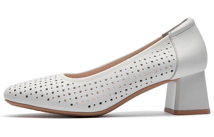 PACO GIL Leather Block Heel High Heels 5cm Women's White
